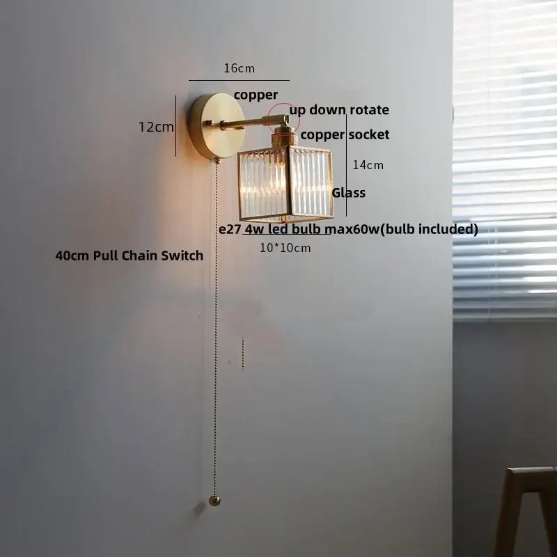 Copper wall sconce with rectangular vertical ribbed glass shade and brass pull chain switch for decorbites crown glass led wall light