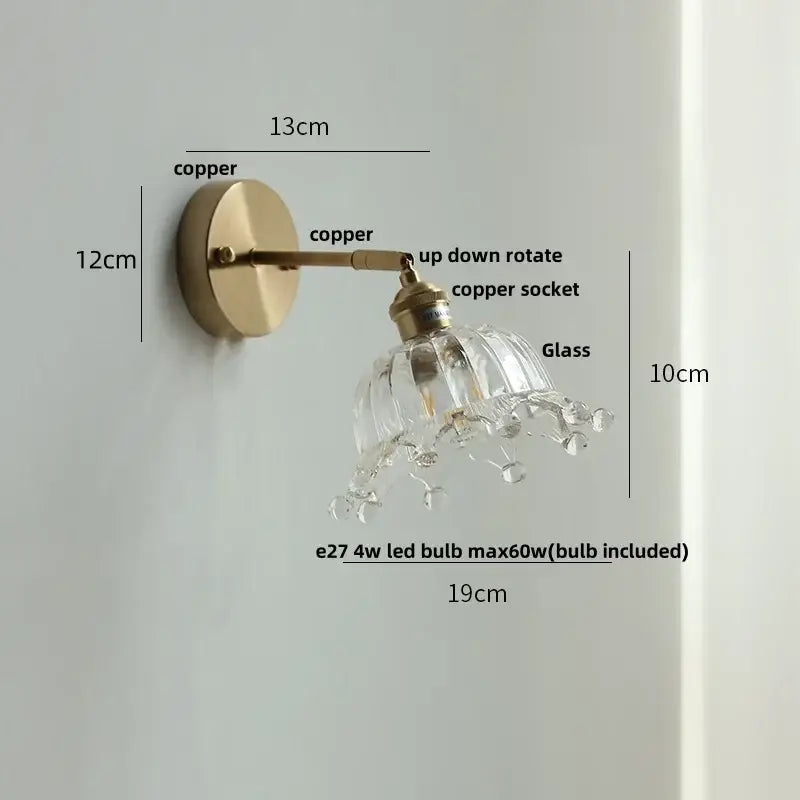Delicate brass-finished crown glass led wall light with faceted glass shade and crystal droplets for bedroom decorbites crown glass