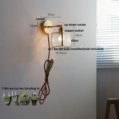 Copper crown glass led wall sconce with square glass shade and adjustable arm decorbites crown glass bedroom fixture