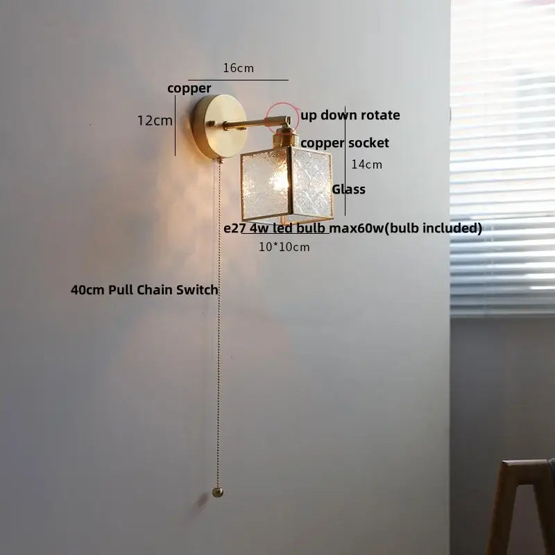 Copper-finished decorbites crown glass led wall sconce with etched square glass shade and 40cm brass pull chain switch