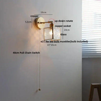 Copper-finished decorbites crown glass led wall sconce with etched square glass shade and 40cm brass pull chain switch