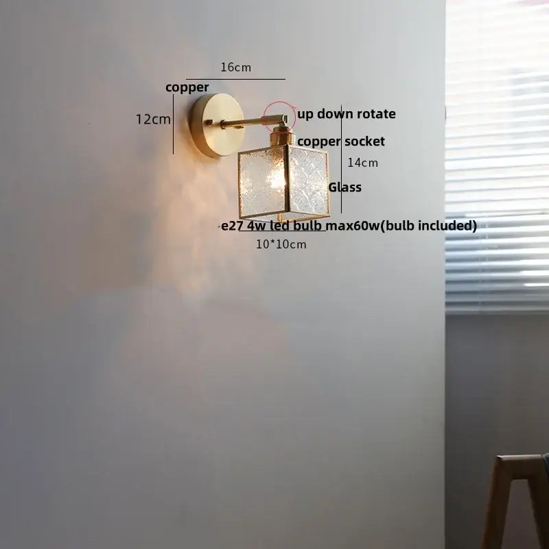 Copper-finished decorbites crown glass led wall light with square etched glass shade and brass pull chain for bedroom