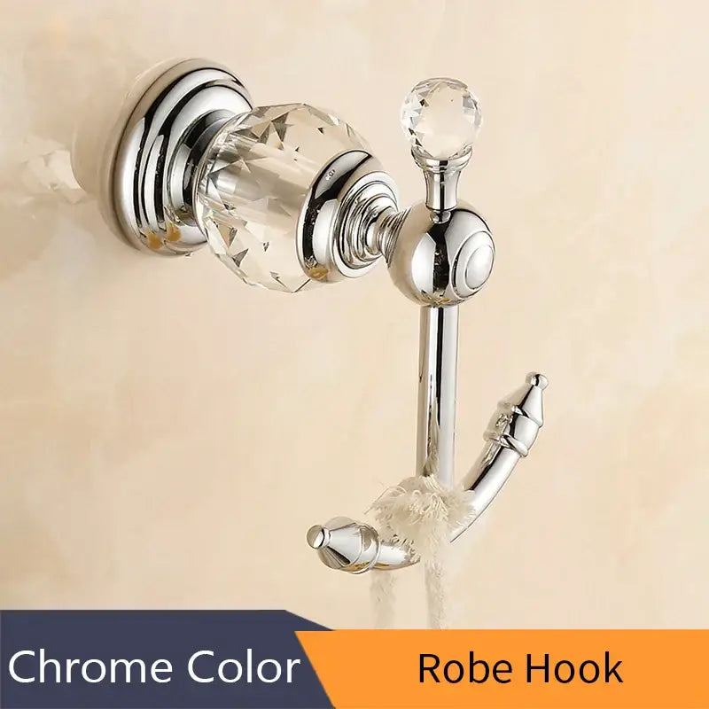 Chrome finished crystal brass gold robe hook with ornate design and crystal accents for brass gold bathroom decorbites