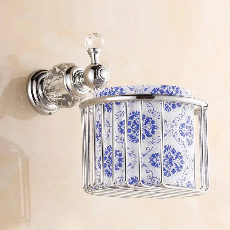 Chrome-finished wall-mounted towel rack with crystal knob and blue-white porcelain insert from decorbites crystal brass gold bathroom accessory