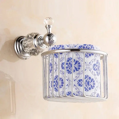 Chrome-finished wall-mounted towel rack with crystal knob and blue-white porcelain insert from decorbites crystal brass gold bathroom accessory