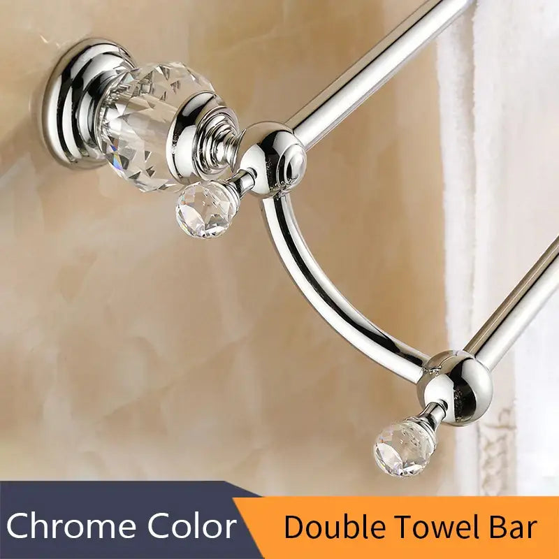 Chrome-finished double towel bar with crystal accents complements decorbites crystal brass gold bathroom accessories