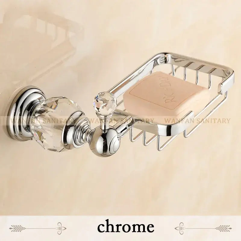 Chrome-finished soap dish with crystal accents and rectangular wire basket design from decorbites crystal brass gold bathroom decor