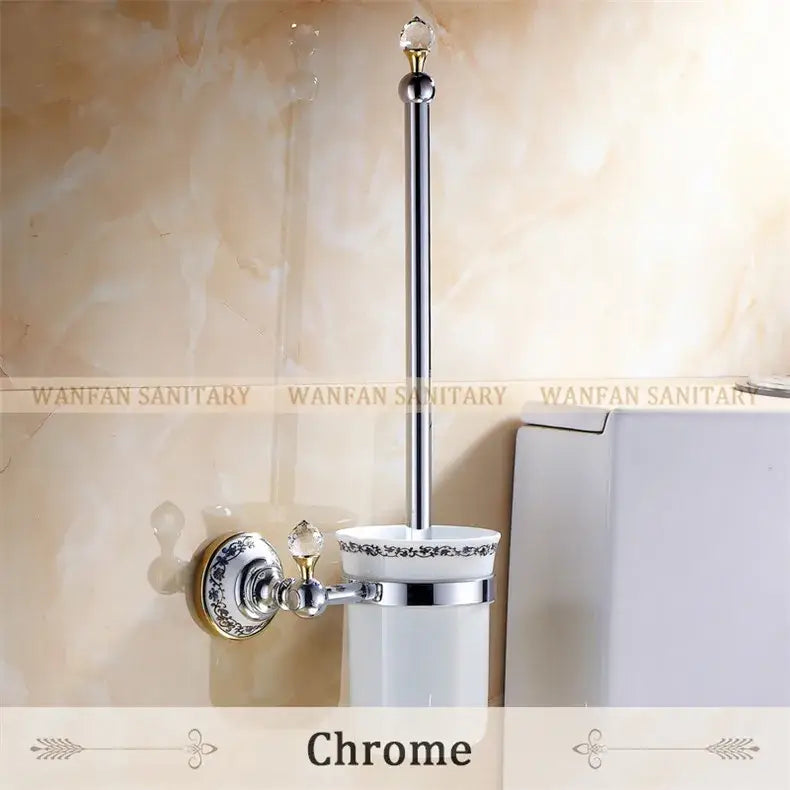 Chrome-finished toilet brush holder with brass gold bathroom decorbites crystal brass floral base and crystal knob detail