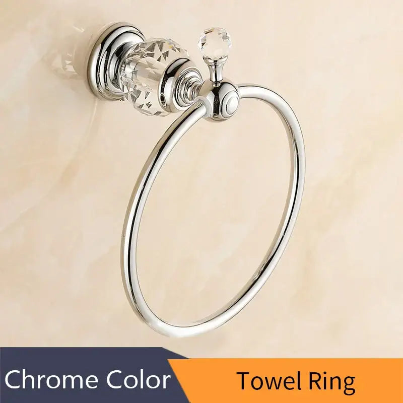 Chrome finished towel ring with crystal accented mounting plate in brass gold bathroom decorbites crystal brass style