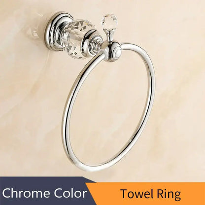 Chrome finished towel ring with crystal accented mounting plate in brass gold bathroom decorbites crystal brass style