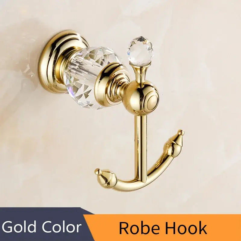 Gold-colored robe hook with crystal accents and polished brass gold bathroom finish from decorbites crystal brass collection