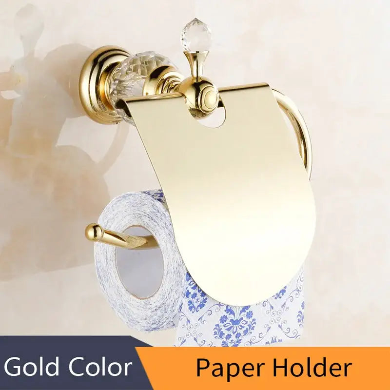 Gold-colored crystal brass gold toilet paper holder with crystal accents for brass gold bathroom decorbites accessory