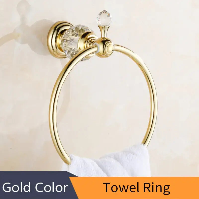 Gold-colored towel ring with polished brass gold finish and crystal accents by decorbites crystal brass bathroom accessory