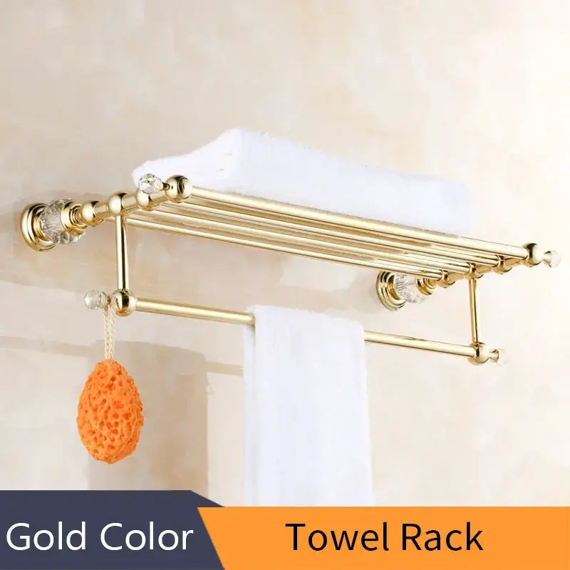 Gold-colored crystal brass gold towel rack with multiple tiers and crystal accents for brass gold bathroom decorbites accessory