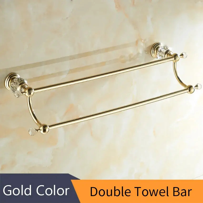 Gold-colored double towel bar with crystal accents and polished metal finish by decorbites crystal brass gold bathroom accessory