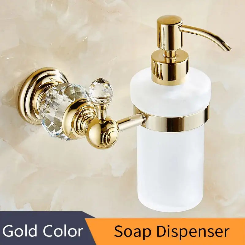 Crystal brass gold soap dispenser with frosted white glass and crystal accents for brass gold bathroom decorbites collection