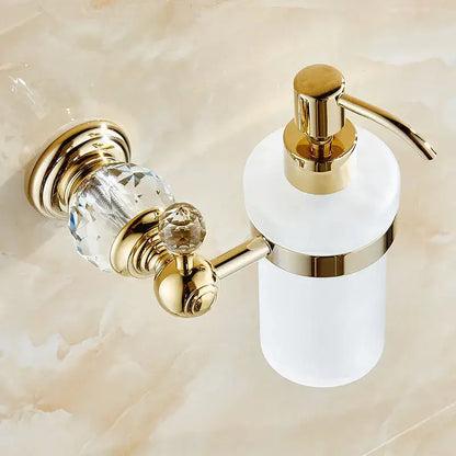 Gold-finished bathroom soap dispenser with frosted white glass and crystal accents for decorbites crystal brass gold bathroom decor