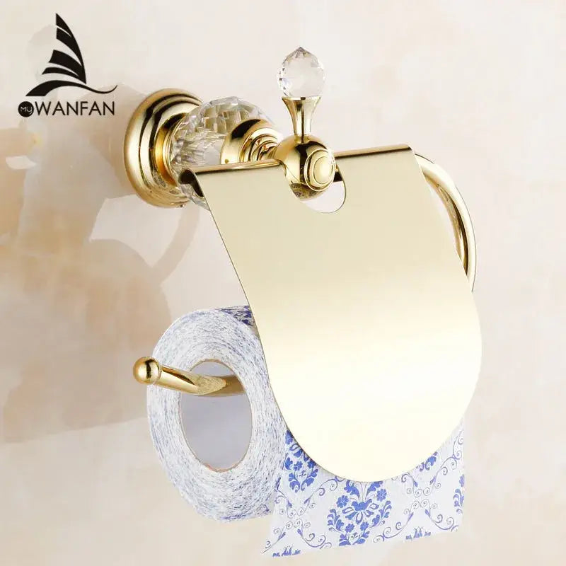 Gold-toned crystal brass gold toilet paper holder with crystal accents and sleek reflective finish for brass gold bathroom decorbites