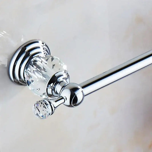 Chrome finished towel bar with faceted crystal accent and decorative spherical knob decorbites crystal chrome towel