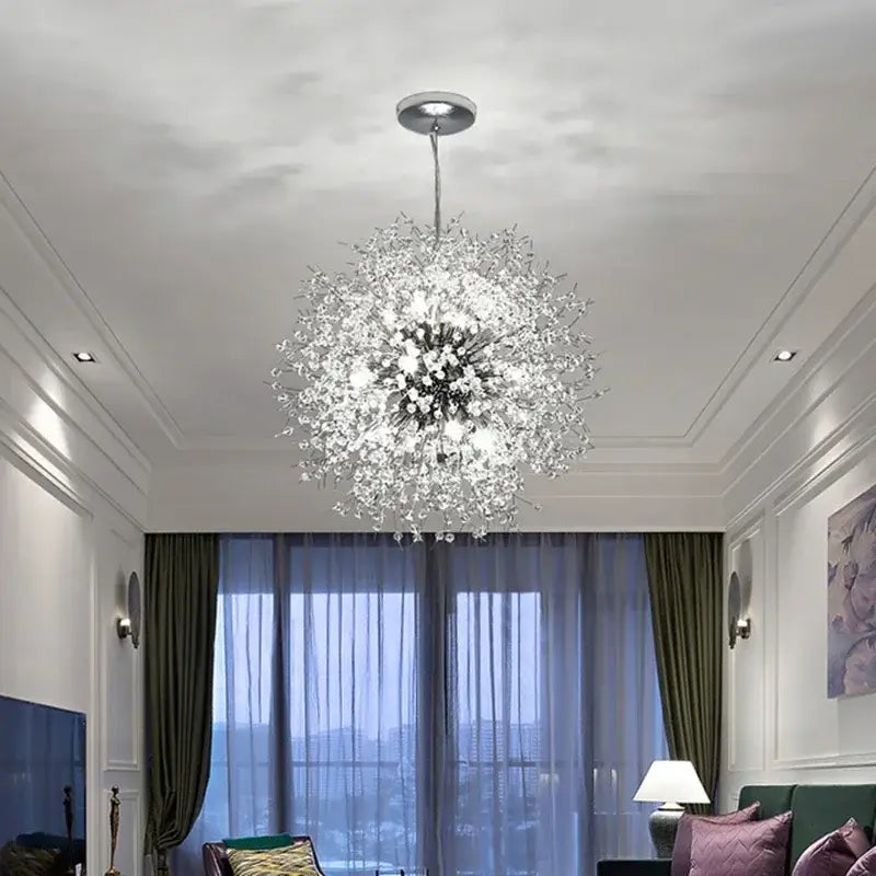 A crystal dandelion chandelier led pendant lamp with clear faceted crystals and metallic hub for dining room decorbites decor
