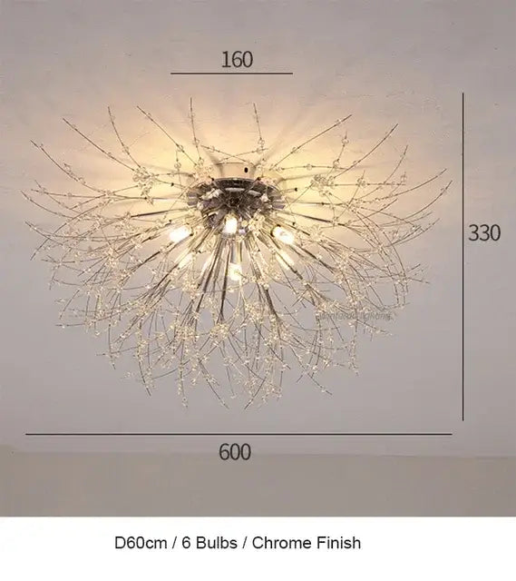 Chrome finished crystal dandelion chandelier led pendant lamp with six bulbs and crystal accents for dining room decor