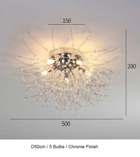 Chrome-finished crystal dandelion chandelier led pendant lamp with five bulbs for dining room decorbites dandelion chandelier