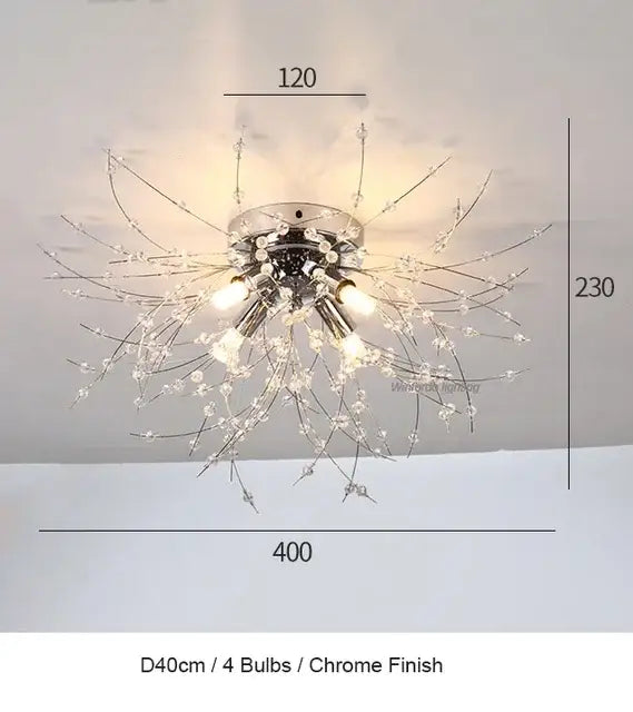Chrome-finished pendant lamp with four bulbs and crystal accents in a decorbites dandelion chandelier led design
