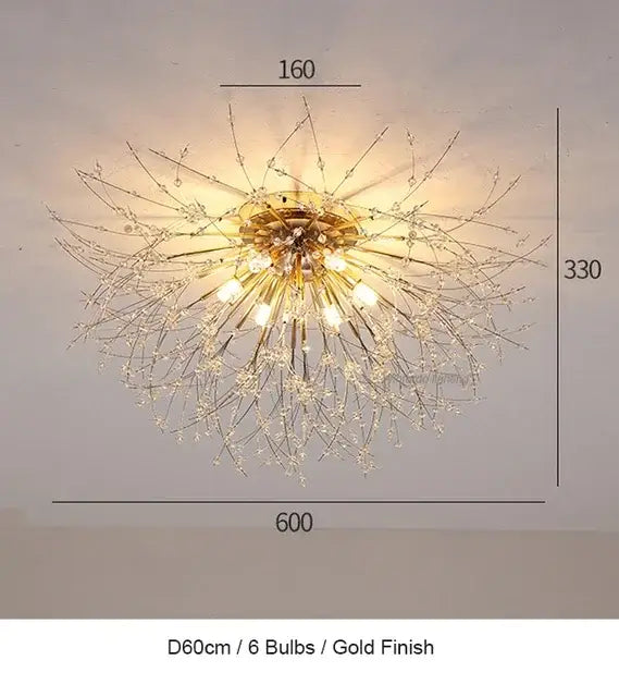 Gold-finished decorbites dandelion chandelier pendant lamp with six bulbs and crystal accents for dining room lighting