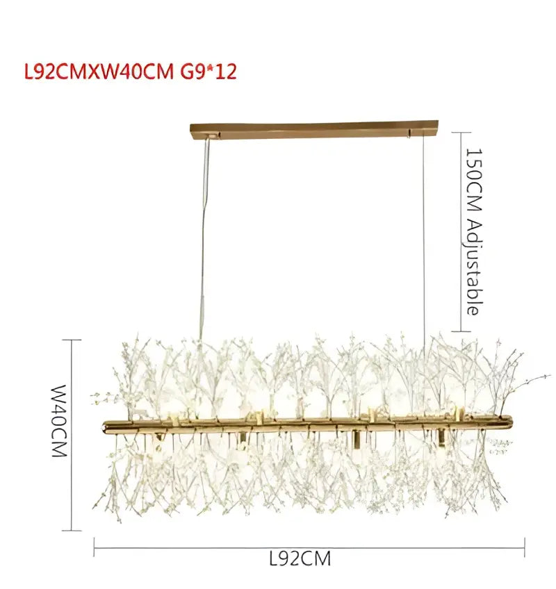 Gold-toned rectangular decorbites dandelion chandelier pendant lamp with cascading crystals and adjustable height for dining room