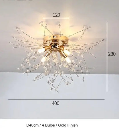 Gold-finished pendant lamp with four bulbs and crystal-encrusted metal arms decorbites dandelion chandelier led for dining room