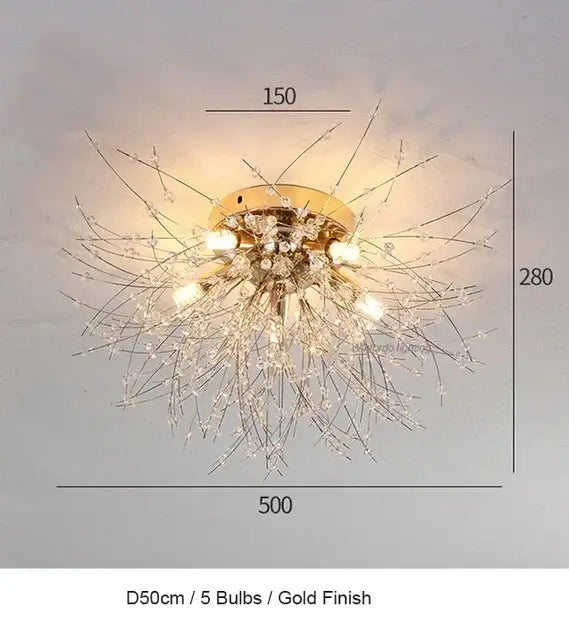 Gold-finished pendant lamp with five bulbs and delicate crystal strands like a decorbites dandelion chandelier led for dining room