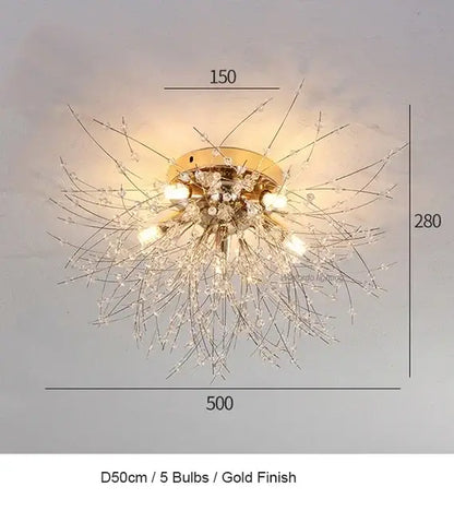 Gold-finished pendant lamp with five bulbs and delicate crystal strands like a decorbites dandelion chandelier led for dining room