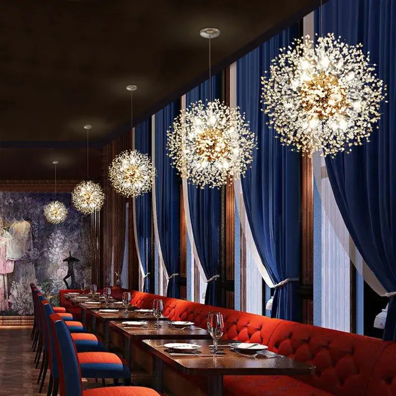 Golden spherical pendant lamps with sparkling crystal elements decorbites dandelion chandelier led for dining room decor