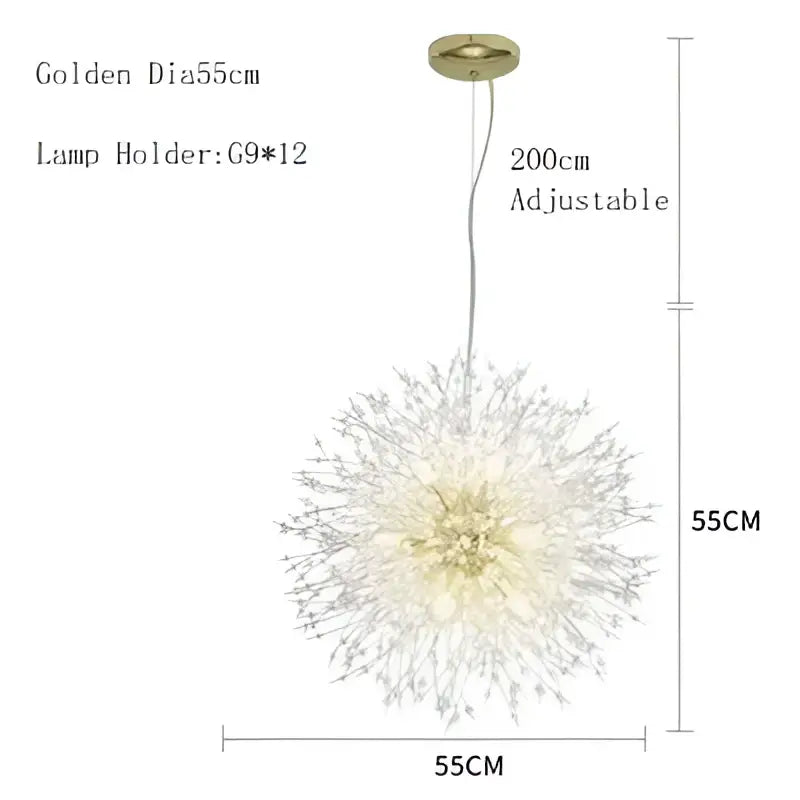 Golden spherical decorbites dandelion chandelier led pendant lamp with adjustable height and crystal-like arms for dining room decor