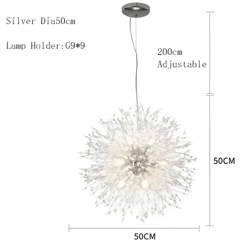 Silver spherical pendant lamp with delicate branching crystal design and adjustable 200cm length decorbites dandelion chandelier