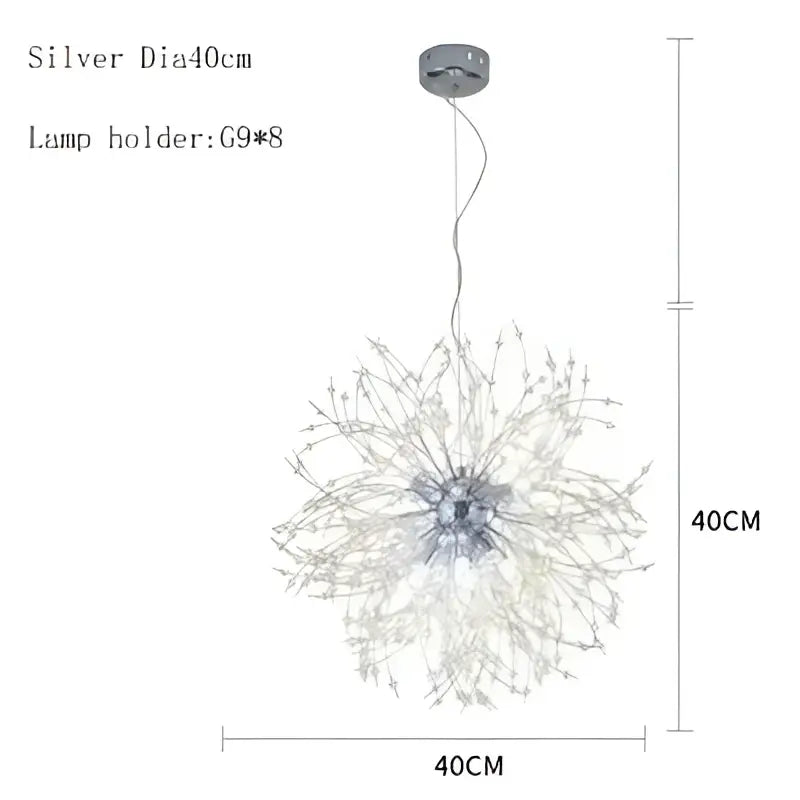 Silver pendant lamp decorbites dandelion chandelier led with intricate crystal branches 40cm diameter for dining room