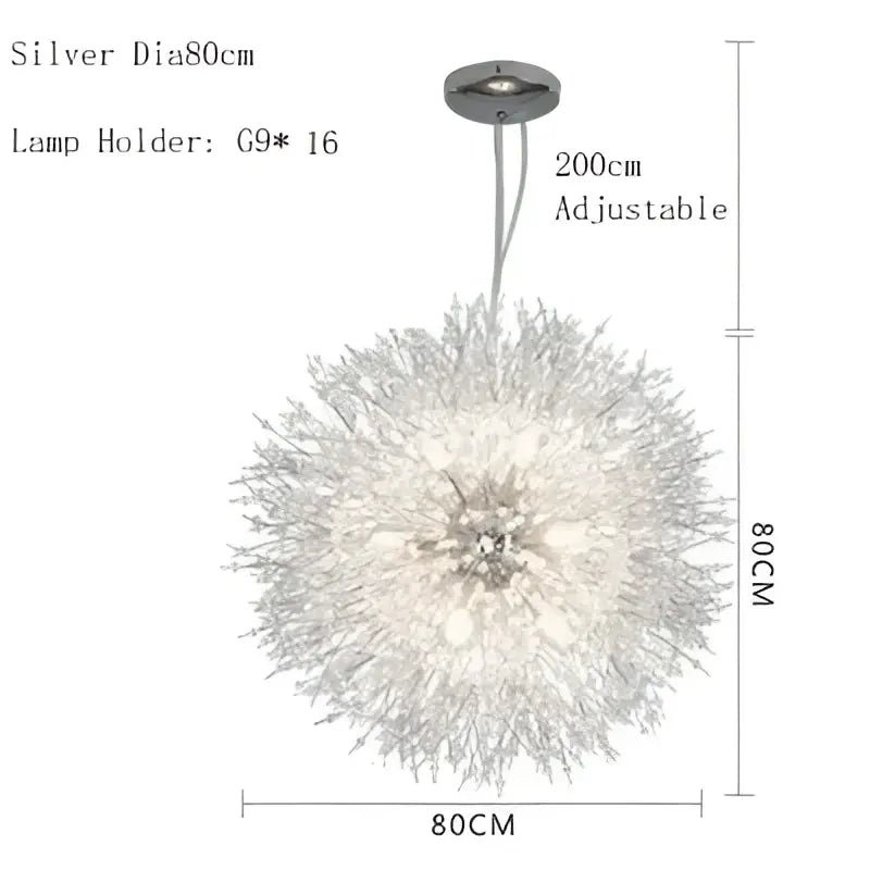 Silver spherical decorbites dandelion chandelier pendant lamp with crystal branches and adjustable chain for dining room