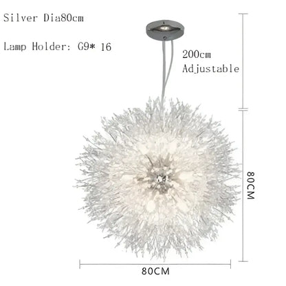 Silver spherical decorbites dandelion chandelier pendant lamp with crystal branches and adjustable chain for dining room