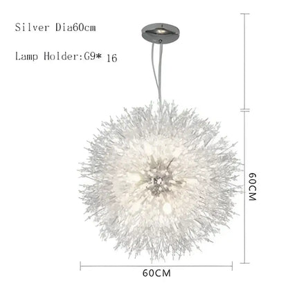 Silver spherical decorbites dandelion chandelier led pendant lamp with crystal design for dining room decor