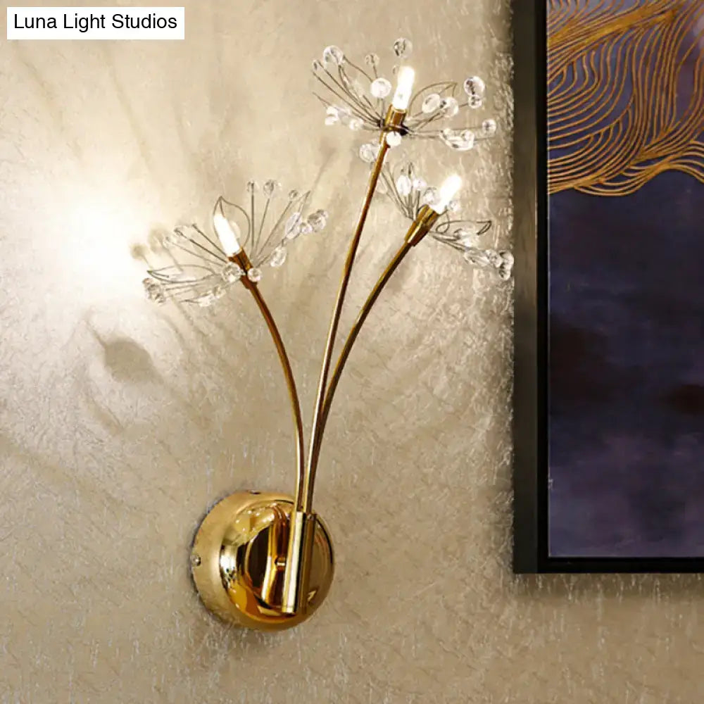 Gold-toned crystal dandelion 3-light wall sconce for living room with delicate arms 110v-120v lighting fixture