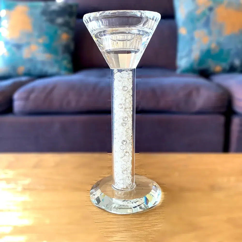Clear crystal candle holder with faceted tapered top and base filled with white beads decorbites crystal diamond glass decor