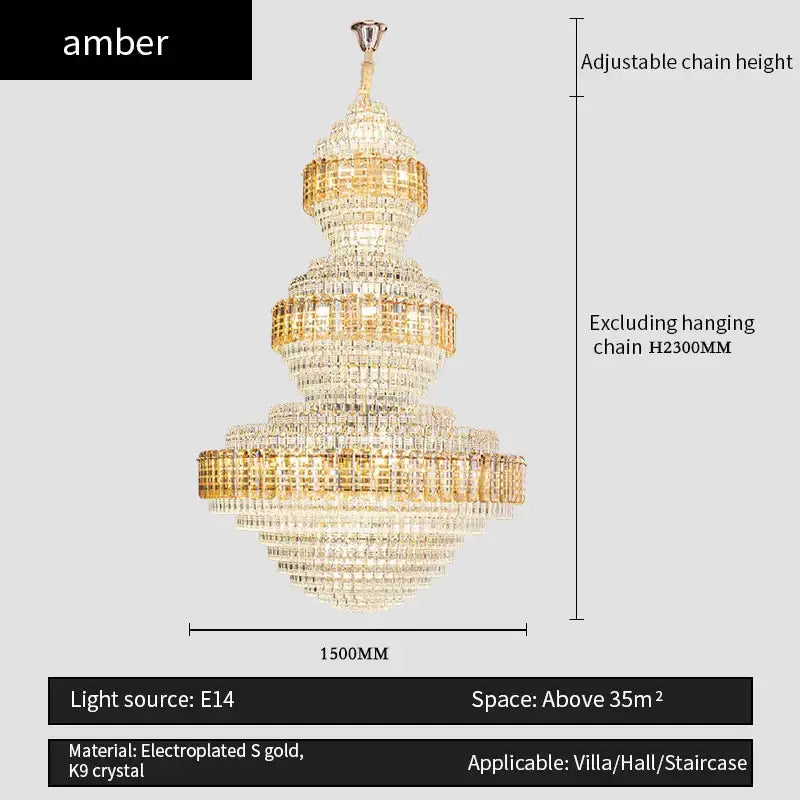 Amber brand decorbites crystal duplex chandelier gold tiered electroplated k9 crystal for hotel lobby decor