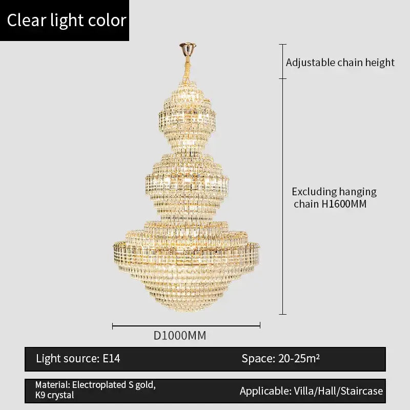 Crystal duplex chandelier gold tiered light with golden electroplated finish and clear k9 crystal for elegant spaces by decorbites crystal