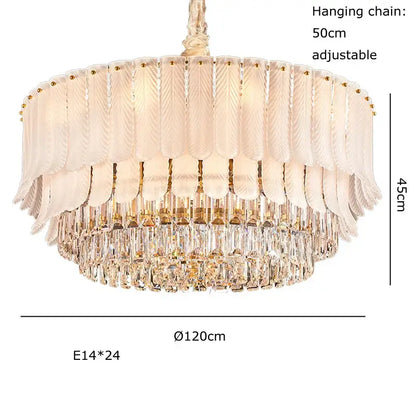 Elegant two-tiered decorbites crystal feather ceiling pendant with frosted glass shades and gold-toned chain for living room decor