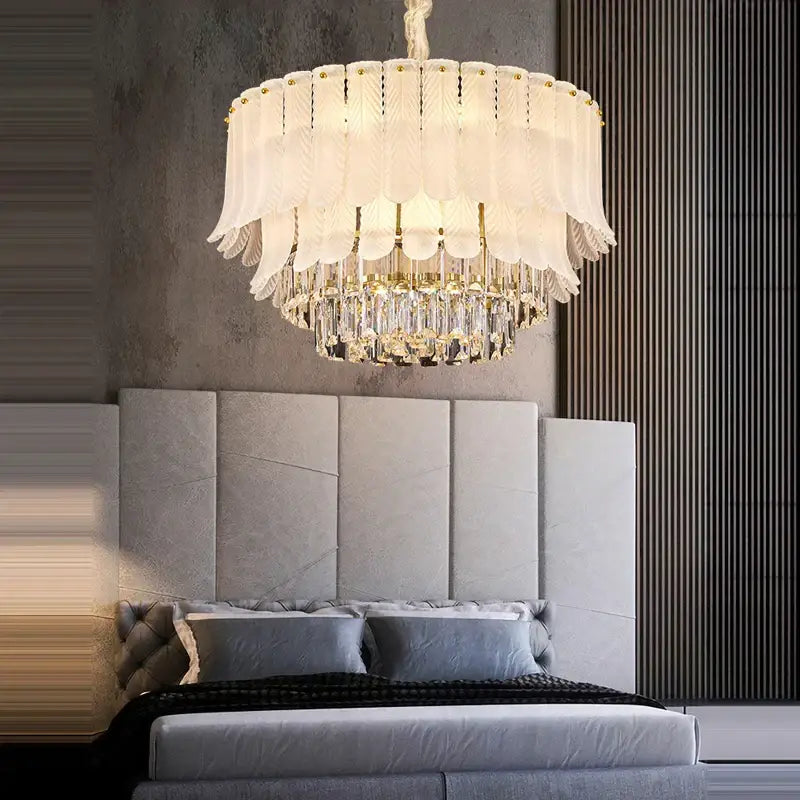 Elegant white feather ceiling pendant with gold accents and crystal droplets for decorbites crystal feather chandelier