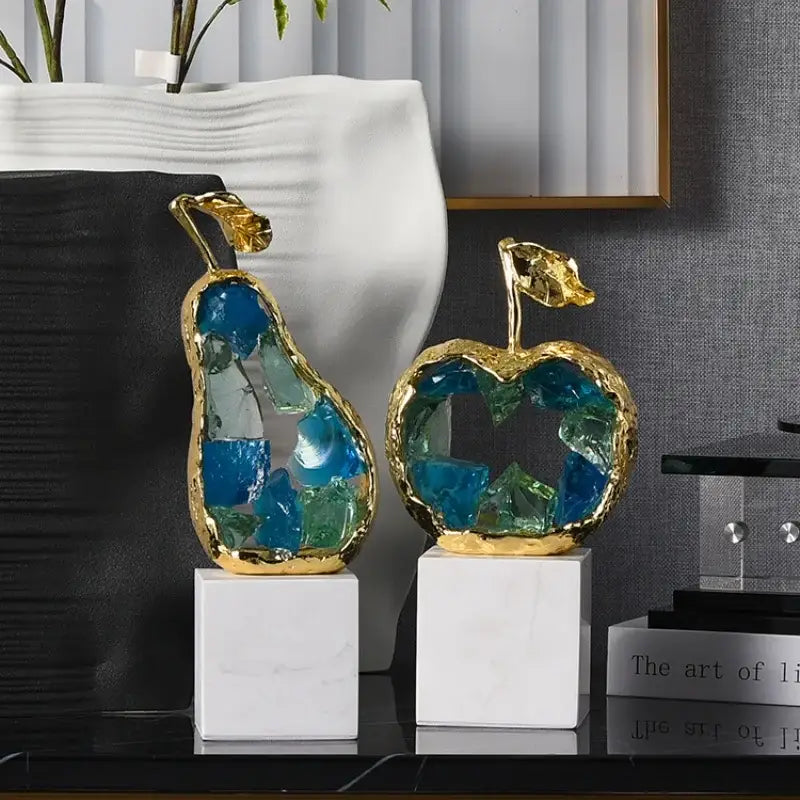 Decorbites crystal fruit sculpture set with pear and apple shapes featuring blue and green glass in gold frames for living room decor