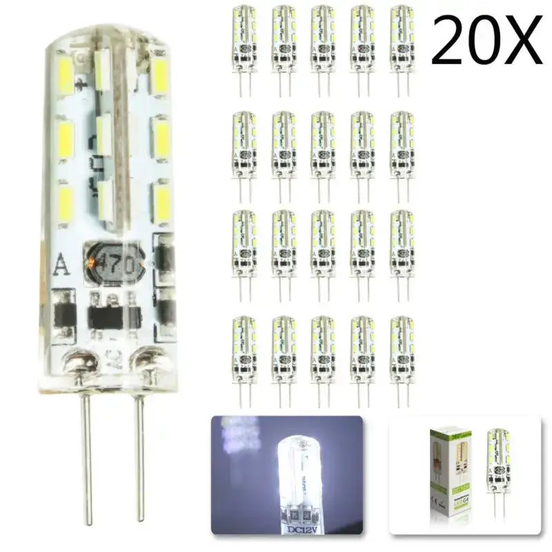 Clear glass led spotlight bulb with multiple yellowish leds and two metal pins labeled a 470 for decorbites g4 led pack
