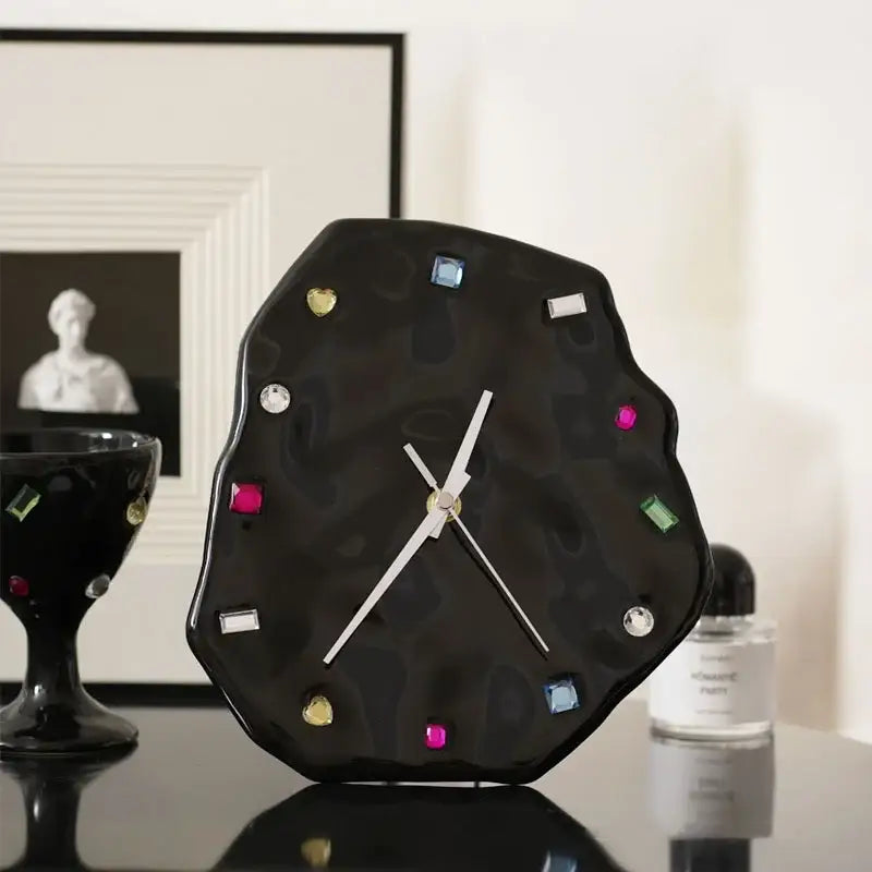 Black ceramic wall clock with colorful gemstone hour markers and silver hands for decorbites crystal geometric wall decor
