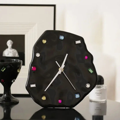 Black ceramic wall clock with colorful gemstone hour markers and silver hands for decorbites crystal geometric wall decor