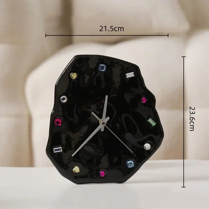 Black glossy desk wall clock with colorful gemstone hour markers and silver hands decorbites crystal geometric wall decor